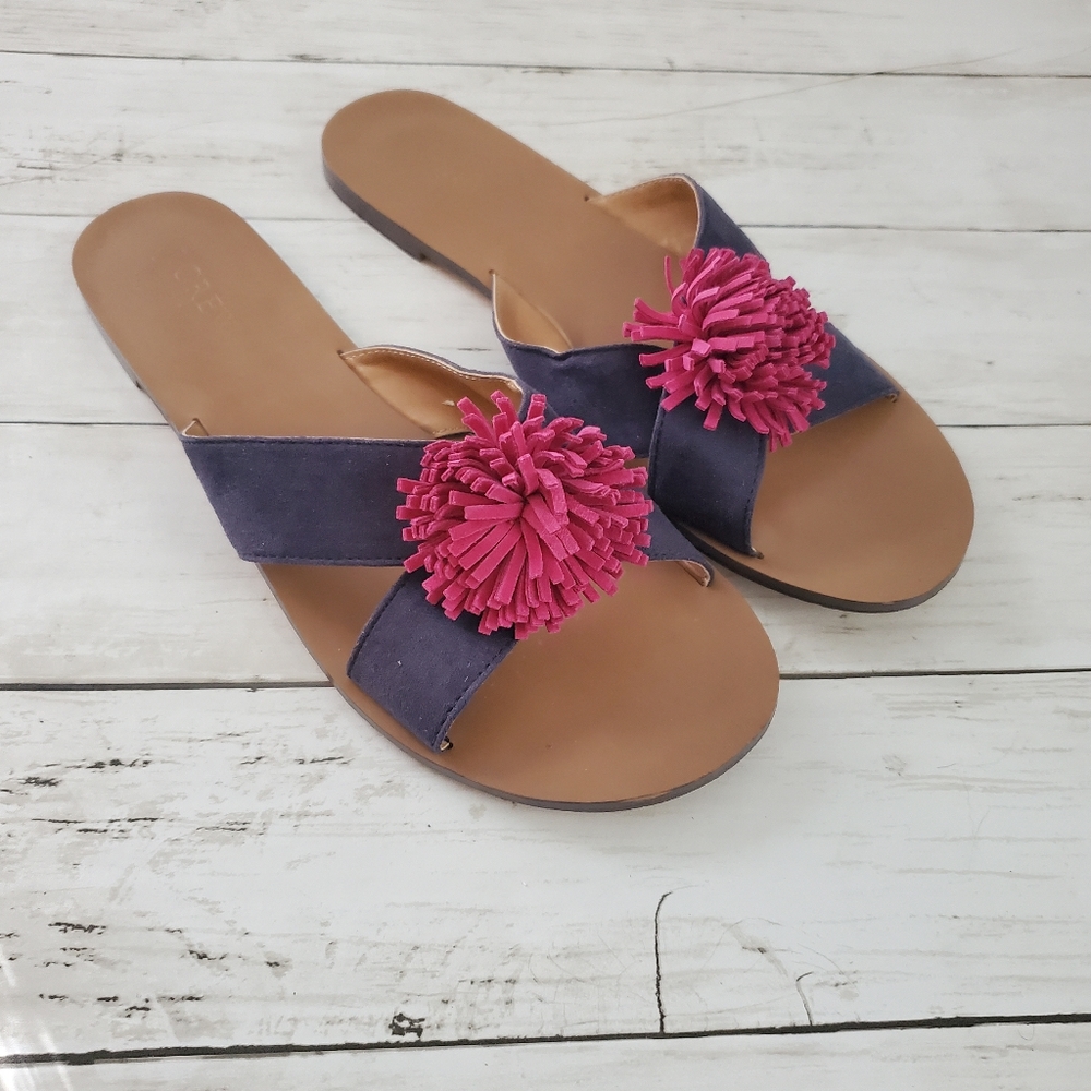 J.crew factory flat sandals suede w pink‎ pom poms size 9